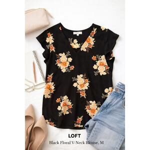 LOFT Black Floral Blouse Medium V Neck Flowy Top